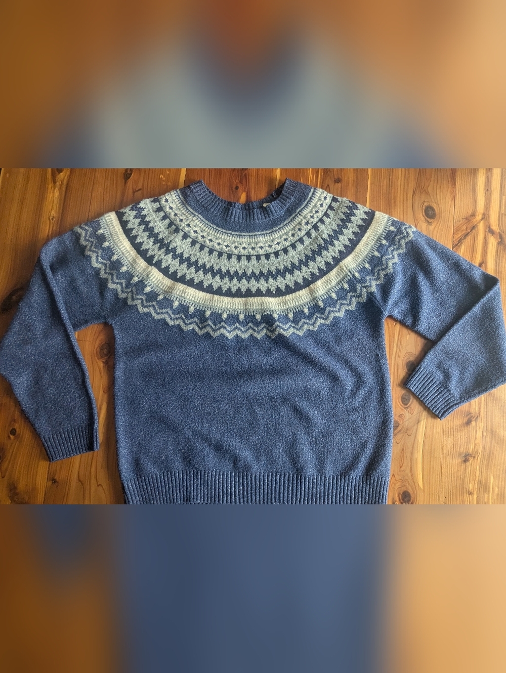Weatherproof Blue Sweater with Cream Fair Isle Yoke